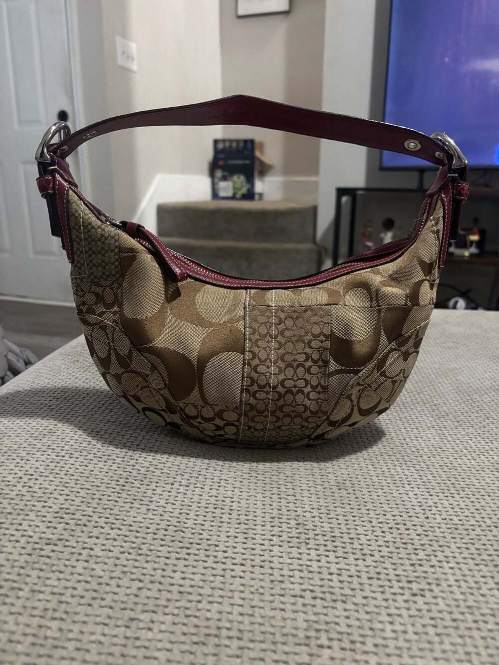 Coach Signature Patchwork Hobo Shoulder Bag 10085 Burgundy Y2K